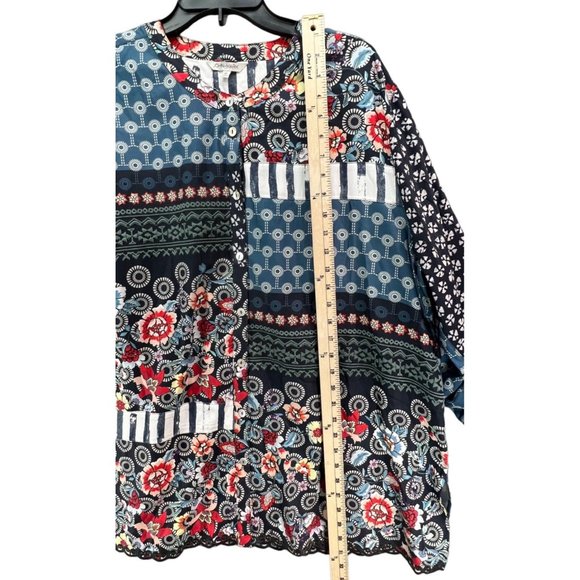 John Mark Womens Mixed Print Boxy Blouse Size XL Blue Red Patchwork Button Down - Picture 9 of 13